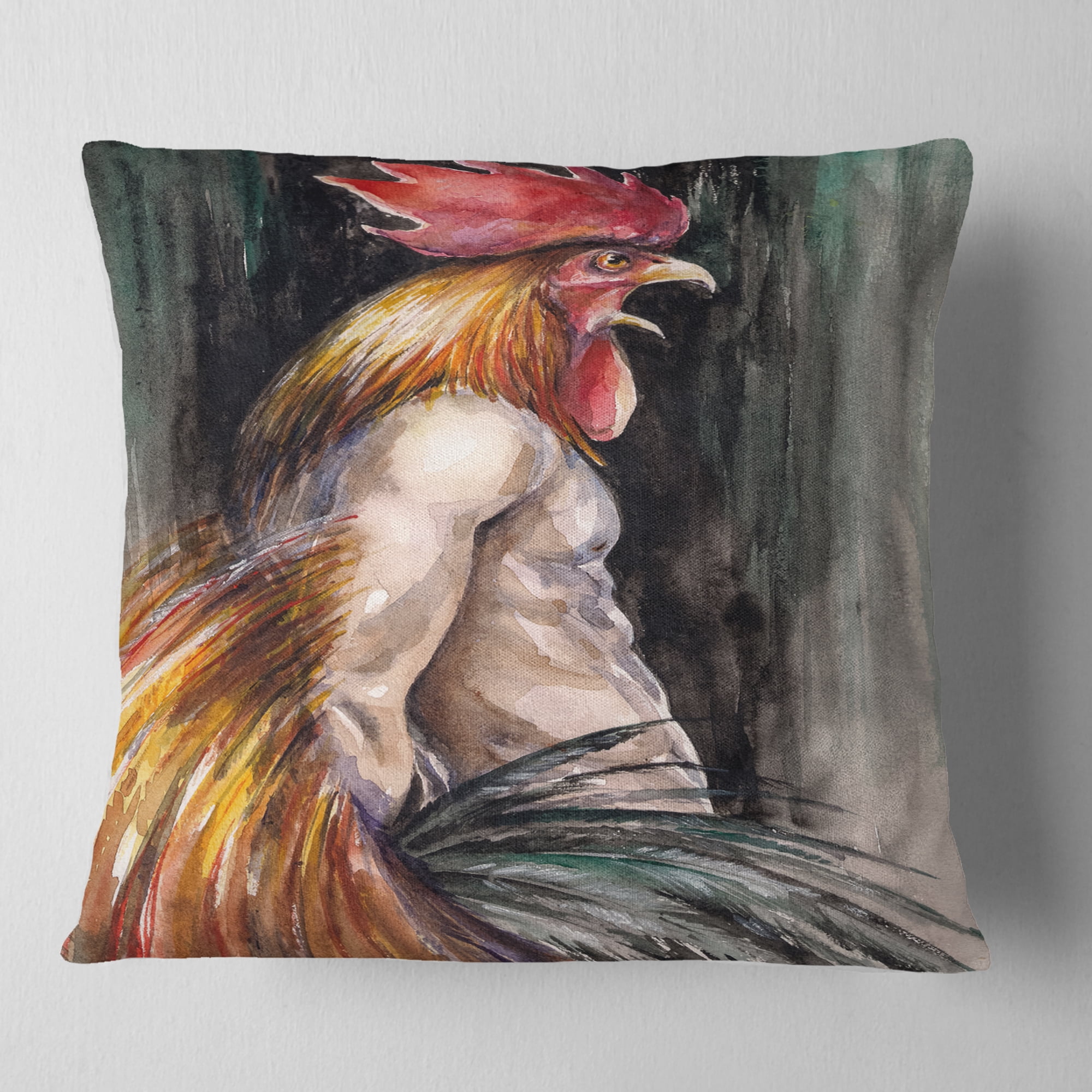Designart Man with Wings and Rooster Head - Abstract Throw Pillow - 16x16