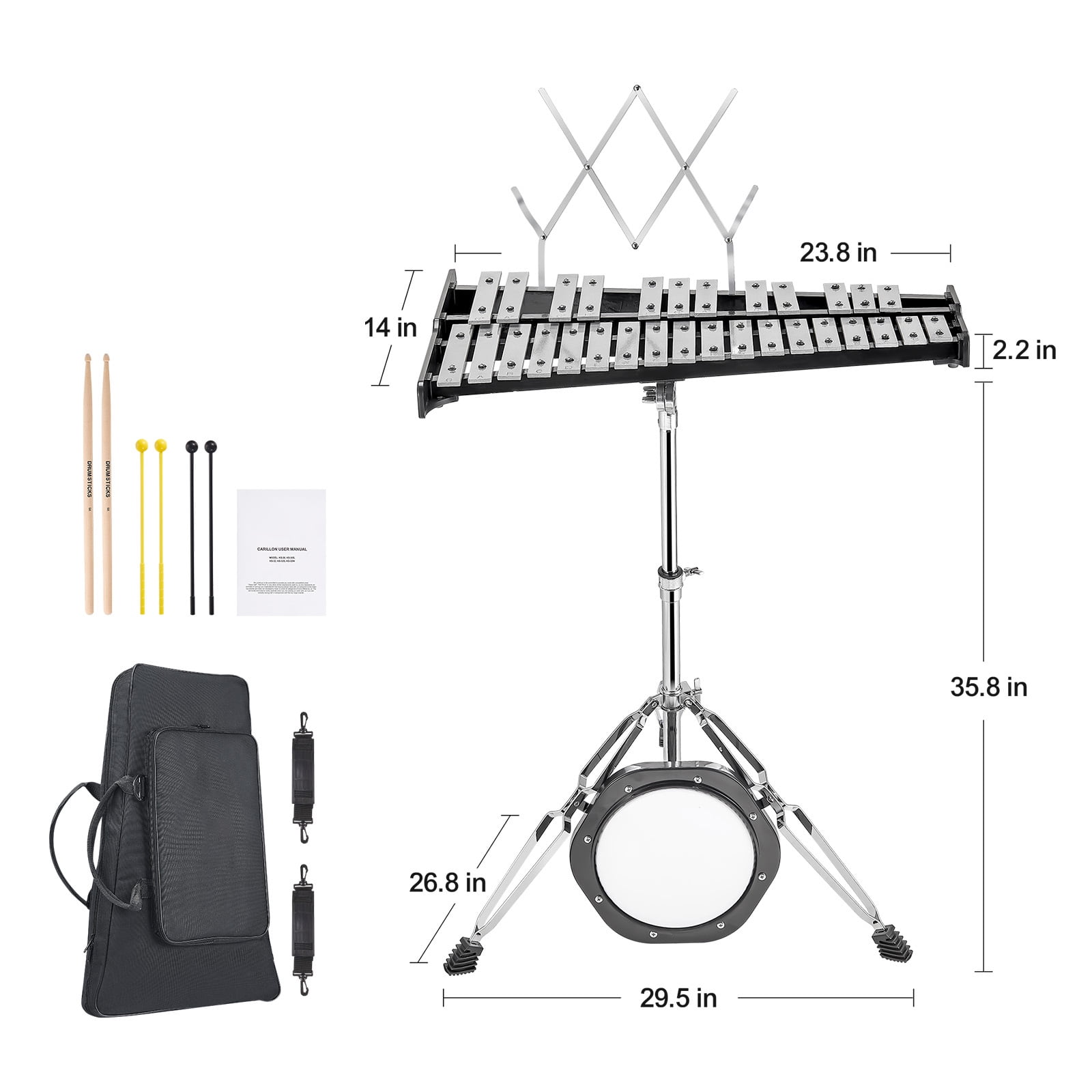 SKYSHALO 30-Key Glockenspiel Xylophone Set, Complete Percussion Kit with Mallets, Sticks, Sheet Music Holder, 8'' Training Pad, Height-Adjustable Stand & Portable Bag for Learners & Enthusiasts