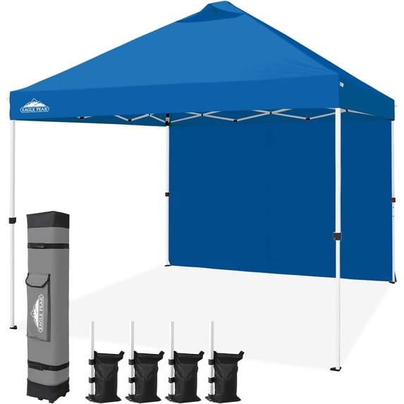 EAGLE PEAK 10 x 10 ft Commercial Easy Center Push Pop Up Canopy Tent Instant Marketplace Canopies with 1 Zippered Removable Side Wall and Wheeled Roller Carry Bag, Bonus 4 Sand Bags, Blue