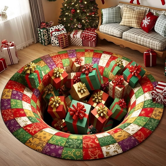 RLESO 2026 New 3D Rugs Optical Illusion,16"Christmas Round Rug 3D Gift Illusion Mat,Holiday Winter Carpet,Festive Floor Rug,Xmas Home Decoration Round Rug,Door Mat Holiday Indoor Entrance(Gift)