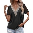 thumbnail image 1 of Blusa de encaje con cuello en V para mujer, color puro, manga corta, ajuste casual, blusa para mujer, citas, trabajo, negro, XL, 1 of 8