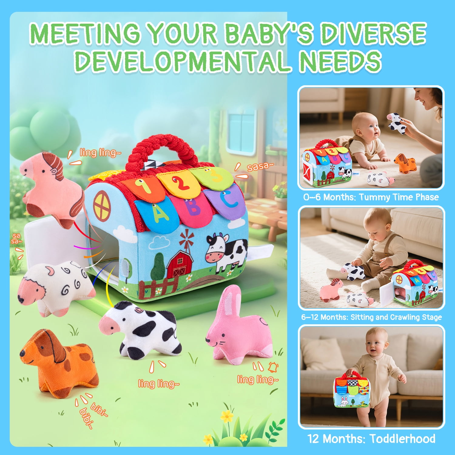 Baby Toys 6-12 Months, Soft Barn with Stuffed Farm Animals, Sensory Montessori Toy for 6 Month Girls Boys, Learning Toy for 1 Year Old Toddler