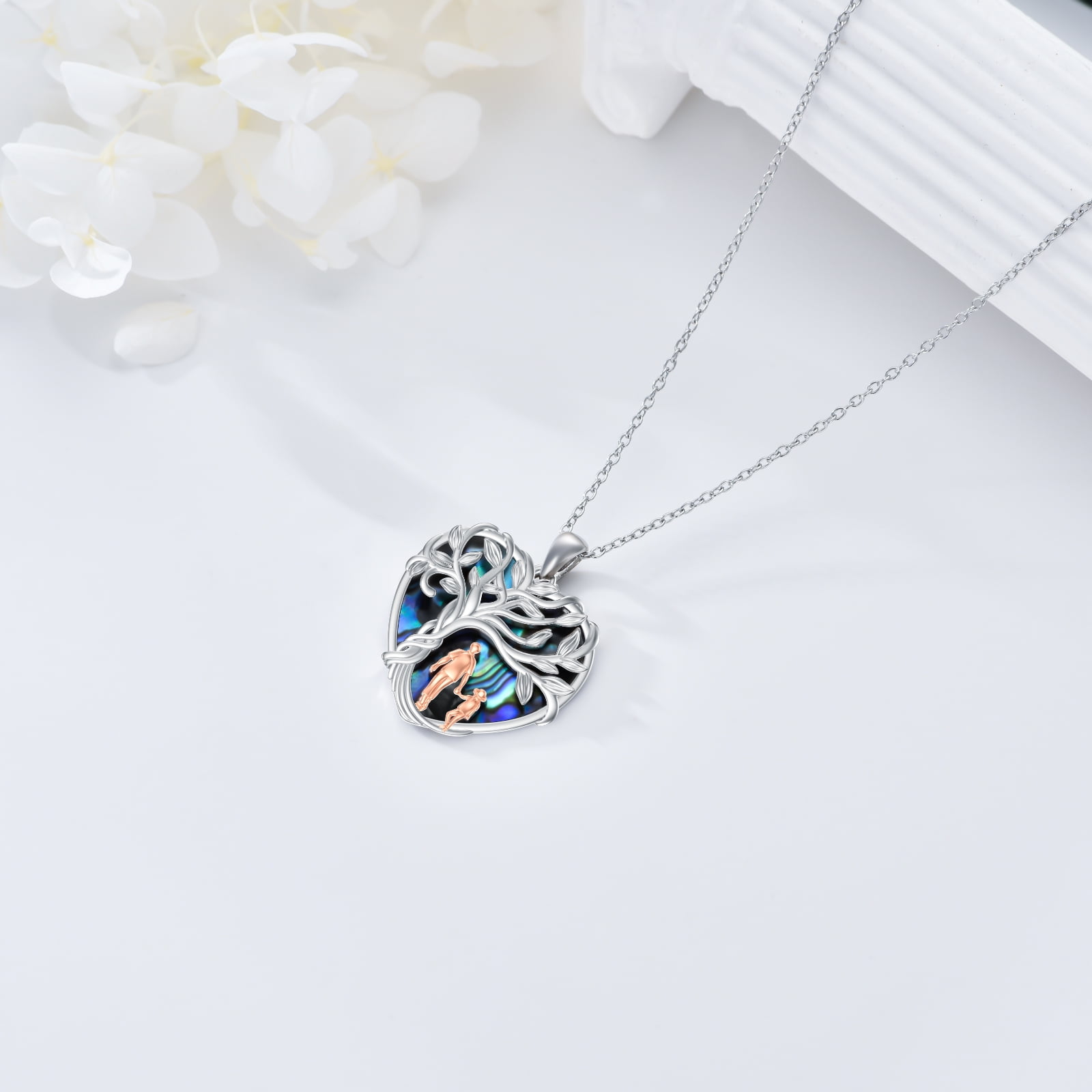 WINNICACA S925 Sterling Silver Tree of Life Father Daughter Necklace Heart Pendant Necklace Abalone Shell Jewelry Birthday Anniversary Valentines Mothers Day Gifts for Women