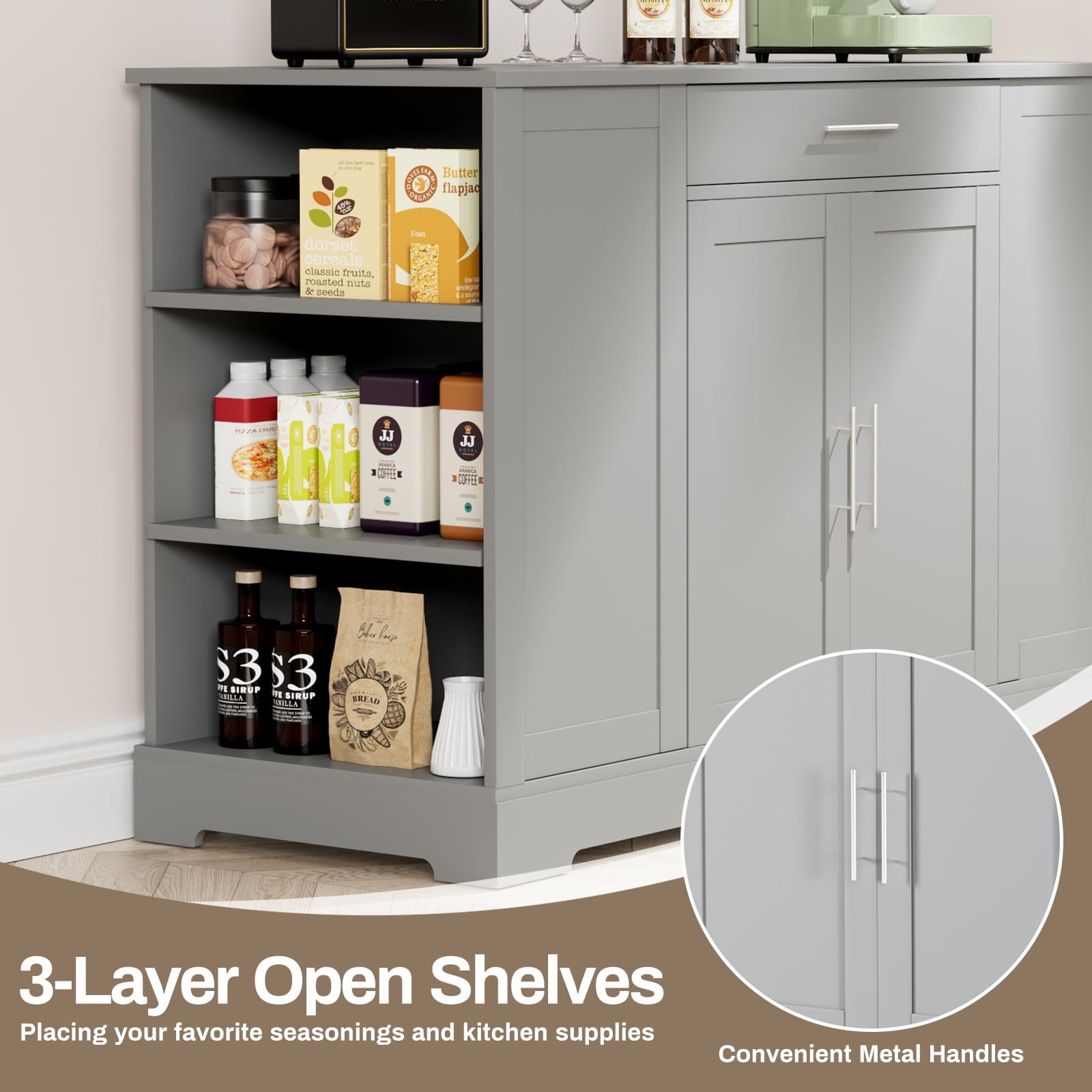 Pirecart 53" Kitchen Island with Trash Can Storage, Kitchen Island Storage with Drawer, Open Shelves, Gray