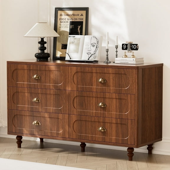 Lumiinofami Mid-Century 6 Drawer Bedroom Dresser, 47" Wooden Chest of Drawers Home Storage Cabinet Organizer for Entryway Hallway, Walnut