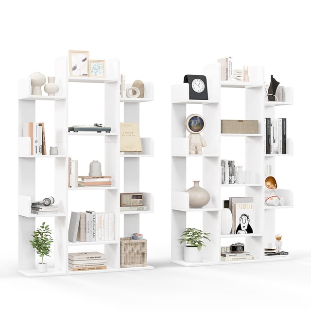 Costway 2 Pcs Bibliothèque en Forme d'Arbre avec 13 Étagères de Rangement Style Industriel Rustique Blanc