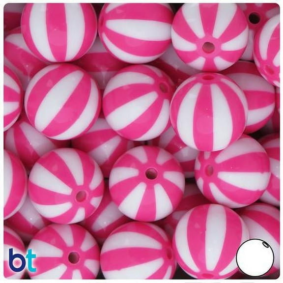 BeadTin Dark Pink & White Beach Ball 20mm Round Acrylic Beads (10pcs)