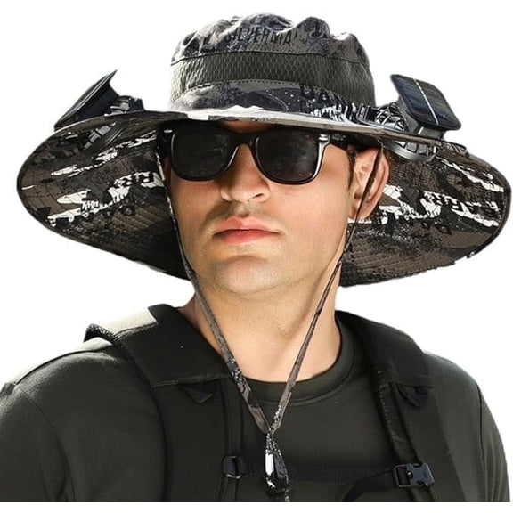 Wide Brim Sun Hat with 2 Solar Fans, Solar & USB Rechargeable, Men and Women Sun Fan Hat with 7 Blades and 3 Speeds for Hiking, Camping and Fishing