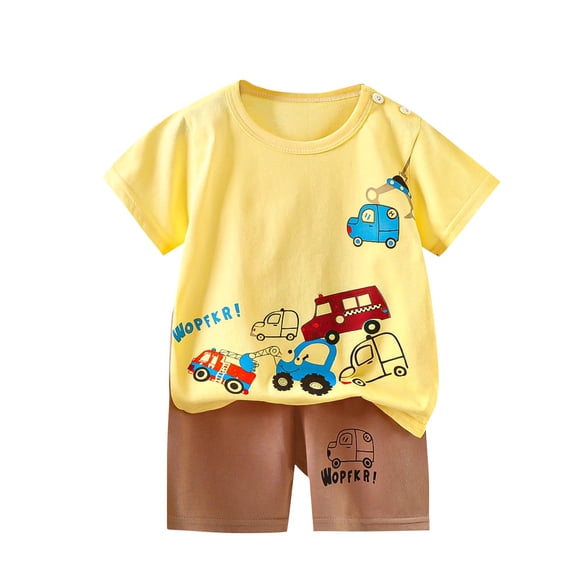 ZACPNCV 2PCS Toddler Baby Boy Summer Pajamas Outfit Short Sleeve Excavator Truck Print Smocked T-shirt Elastic Waist Shorts Summer Clothes 2-3 Years