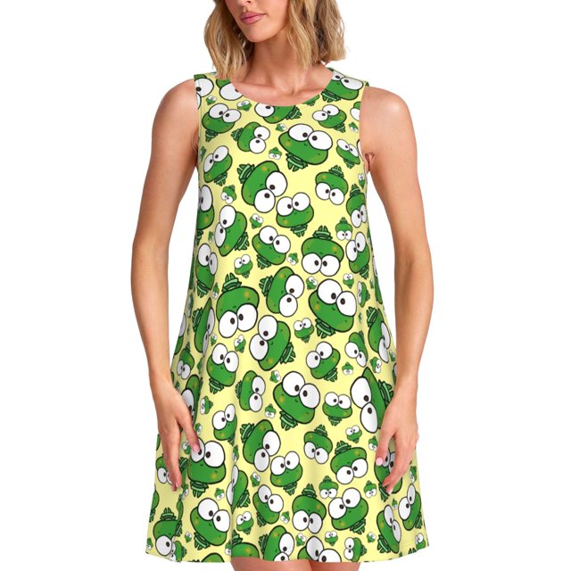 Fotbe Cartoon Frogs Vestido de Verano sin Mangas para Mujer – Vestido Midi Línea A, Estilo Camiseta Floral, Vestido Playero Casual y Fluido