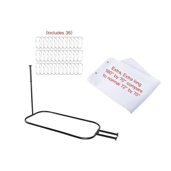 Utopia Alley Rustproof Wall Mounted Aluminum Hoop Shower Rod With Ceiling Support for Clawfoot Tub, 45.7 Inch Size by 22 Inch, Matt Black   White Shower Curtain 180x70 inch