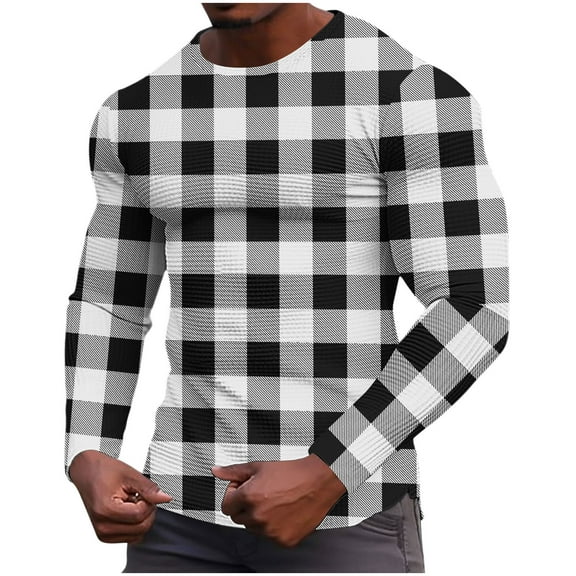 Tauxra T-Shirts for Men,Men's T-Shirt,Long Sleeve Plaid Print Waffle Loose Casual Fitness Home Wear Pajamas,Pajamas for Men
