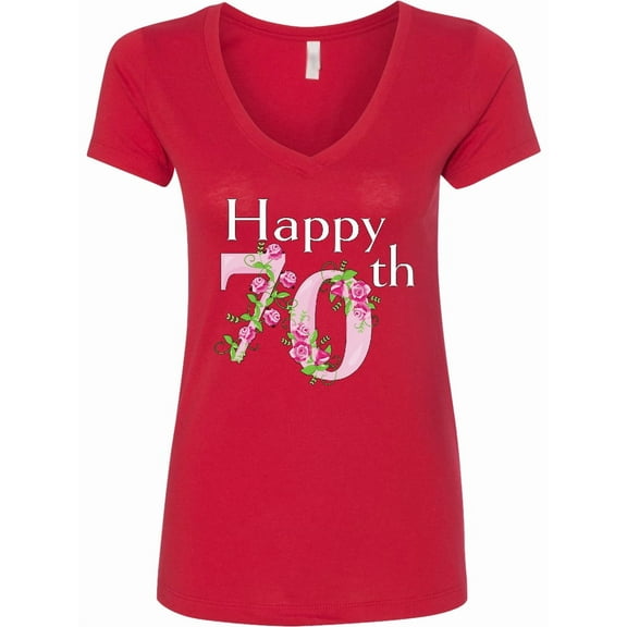 Inktastic Happy 70th Birthday with Roses Women's V-Neck T-Shirt