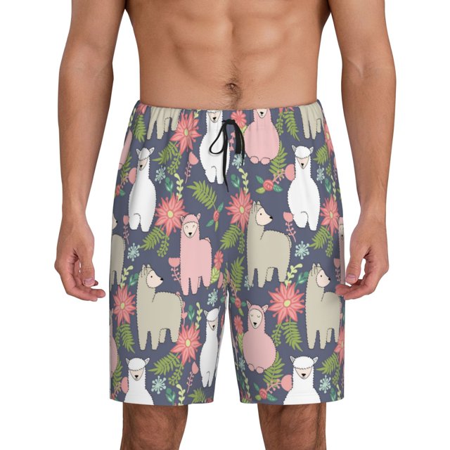 Balery Llamas Pantalones cortos de pijama de punto de algodón para hombre con cinturilla y bolsillos-Large