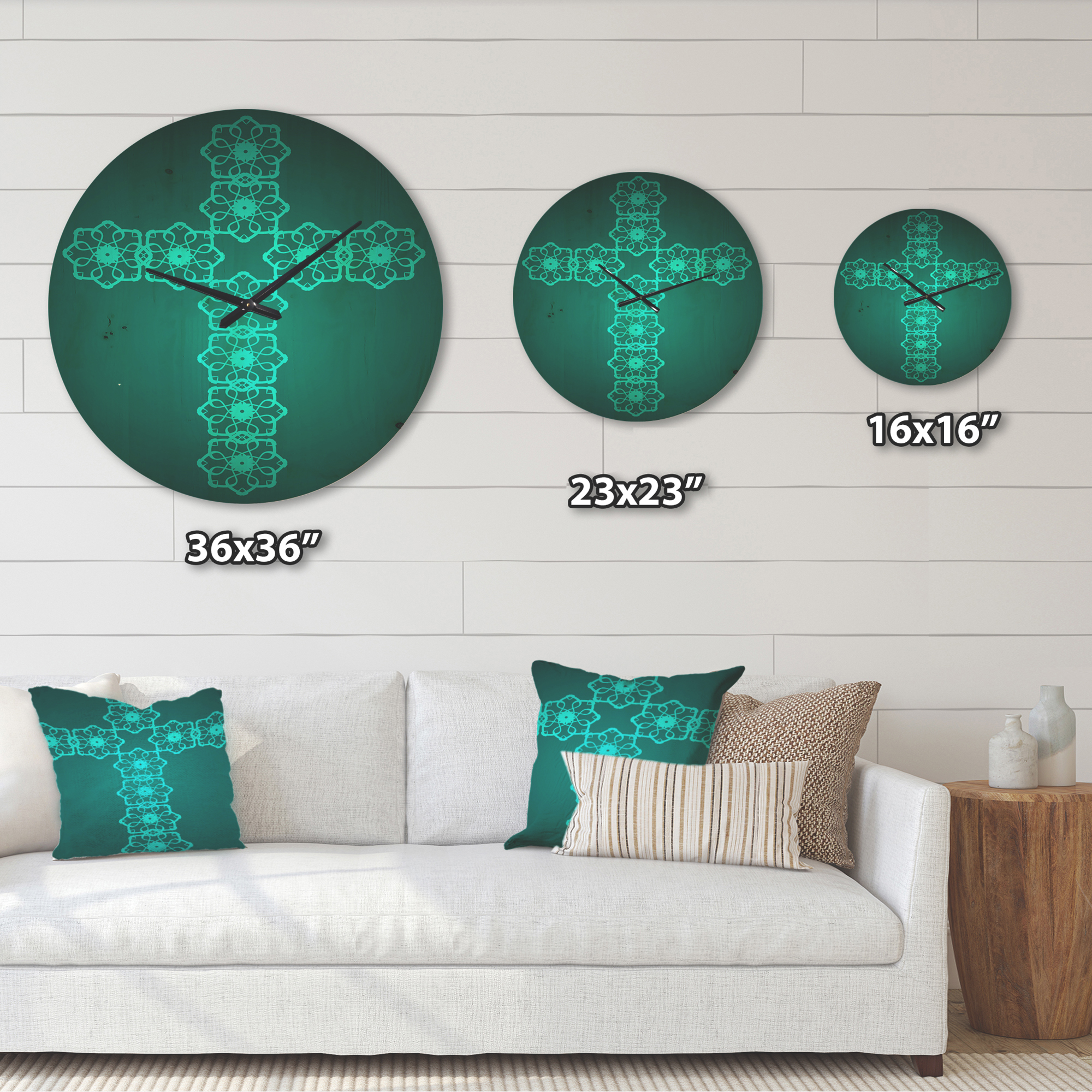 Designart 'Turquoise Pattern Holy Cross ' Modern Wood Wall Clock