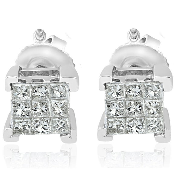 Pompeii 1/3ct Diamond Princess Cut Screw Back Studs Womens Earrings 10k White Gold 5.5mm
