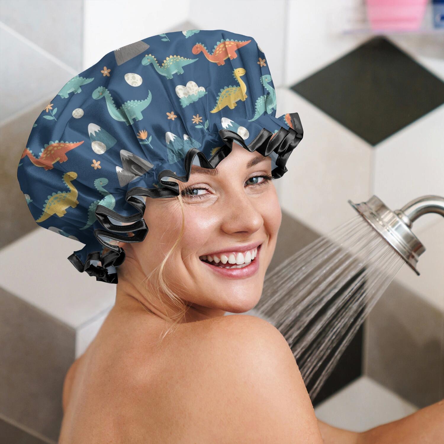 Shower Caps,DarkBlue Cartoon Dinosaurs Mountains Eggs Pattern Waterproof Shower Cap for Women 4 Pieces,Double Reusable Hair Cover for Shower PEVA Elastic Stretch Hem