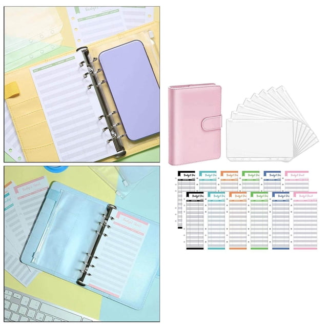 pitrice PU Leather Notebook Binder Clear Envelopes budget planner organizer loose leaf notebook Binder Pockets Budget loose leaf notebook Envelope Pink