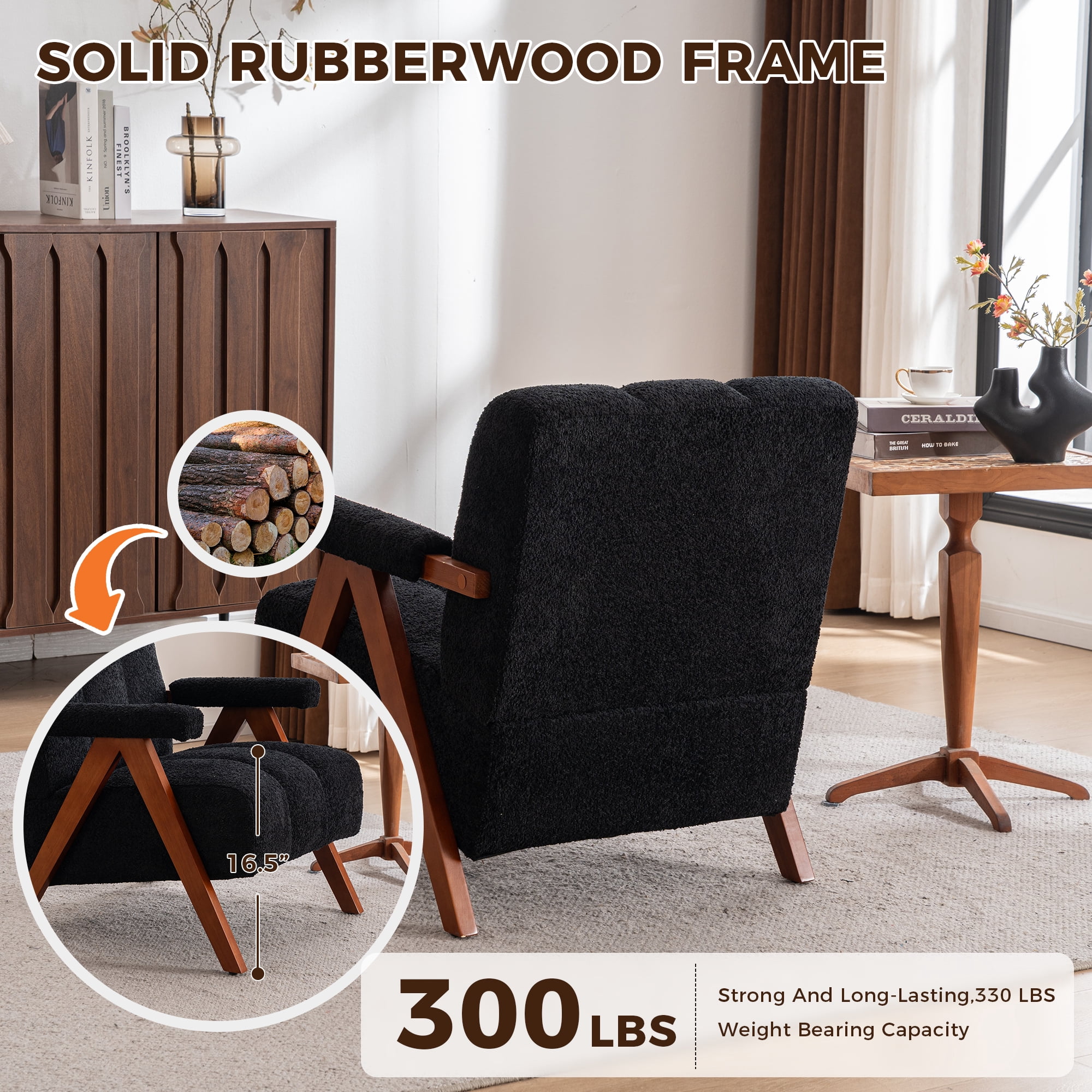 MOONMISS Mid Century Modern Accent Chair with Solid Wood Frame, Boucle Upholstered Living Room Chairs with Thick Cushion, Comfy Tufted Arm Chair for Bedroom,Black