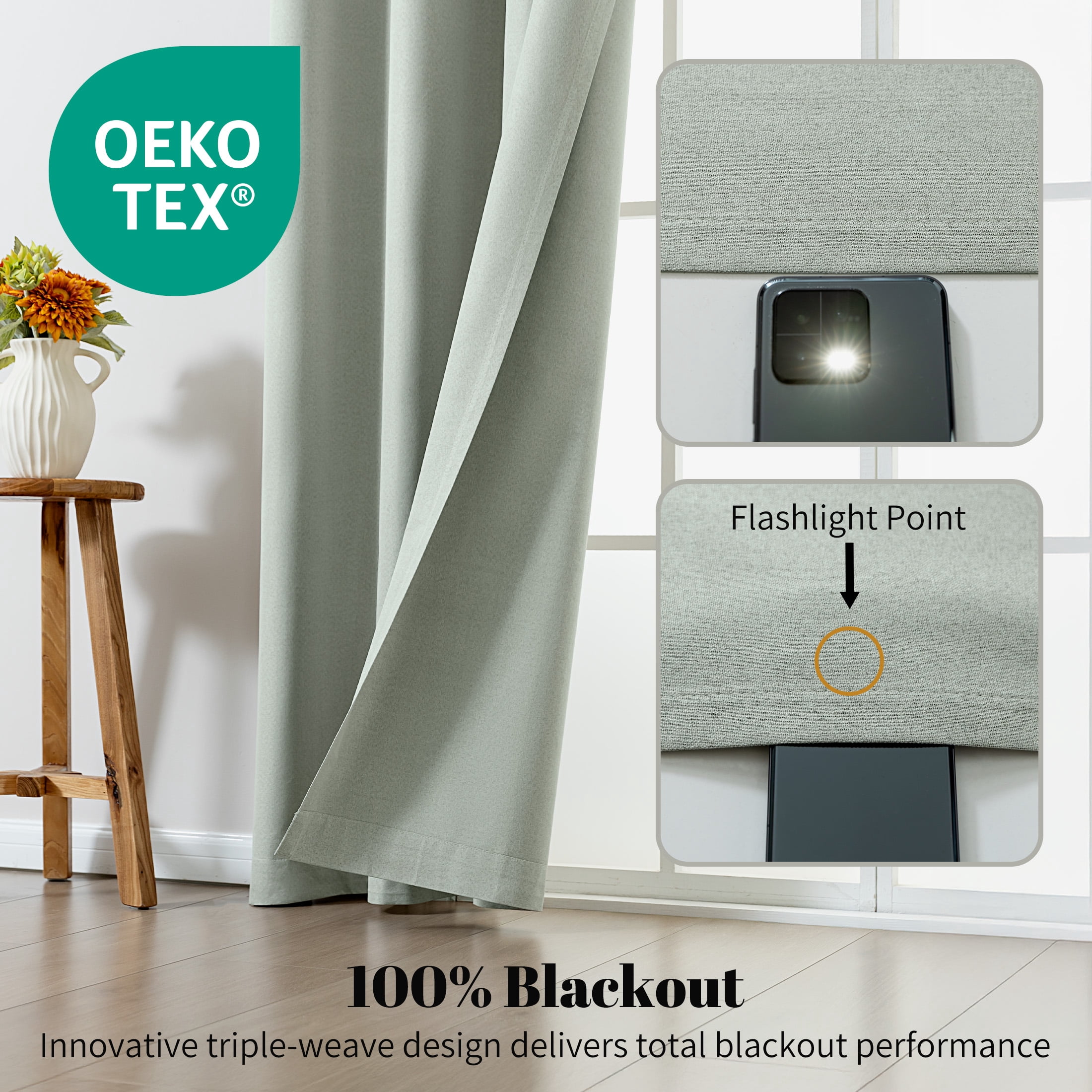Sonive 42" x 63" Blackout Curtains Pack of 2, Grommet Top Living Room Bedroom Curtain, Green