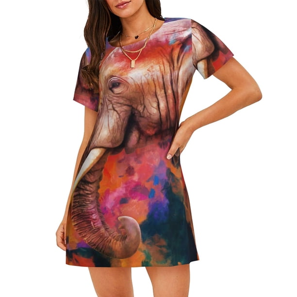 Easygdp Oil Paintings of Elephants Camisón de manga corta para mujer, informal, estampado