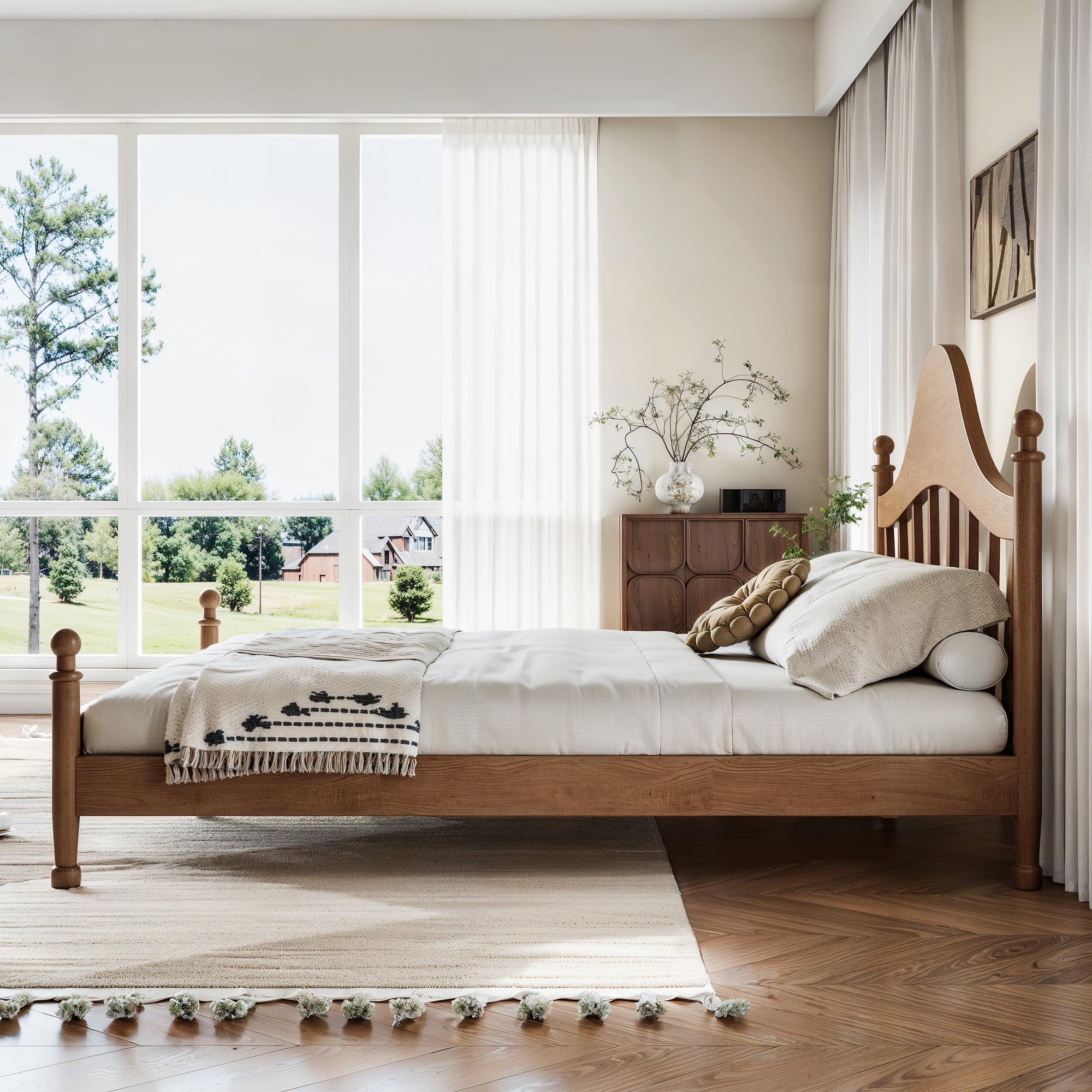 Leumius Queen Size Platform Bed with Chic Headboard, Solid Wood Bed Frame with Slatted Support, Low to Ground Design for Bedroom Brown