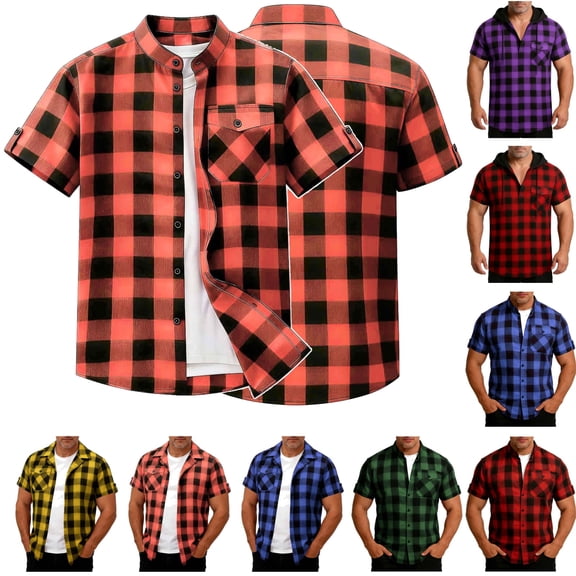 BiZtdJrK Mens Button Down Short Sleeve Shirts Summer Casual Stand Collar Beach Shirts Lightweight Vacation Tops with Pocket Red XL