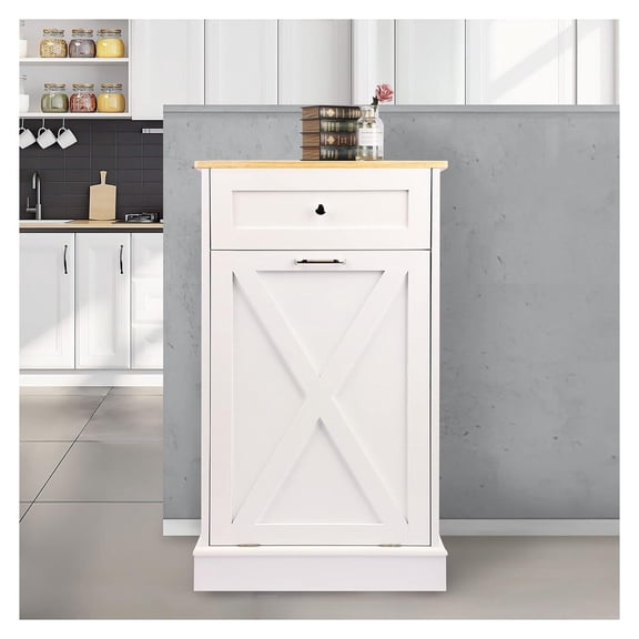 10 Gallon Tilt Out Trash Can Cabinet, Farmhouse Wood Garbage Bin Enclosure with Drawer, White Pet Proof Kitchen Storage Unit