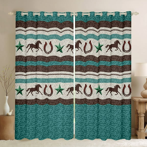 Homewish Southwestern Retro Horseshoe Black Out Curtains,Rustic Farmhouse Cabin Curtains Pack of 2 (42x63 Each),Vintage Cyan Texas Star Bedroom Curtains For Adult,Ultra Soft Home Decor