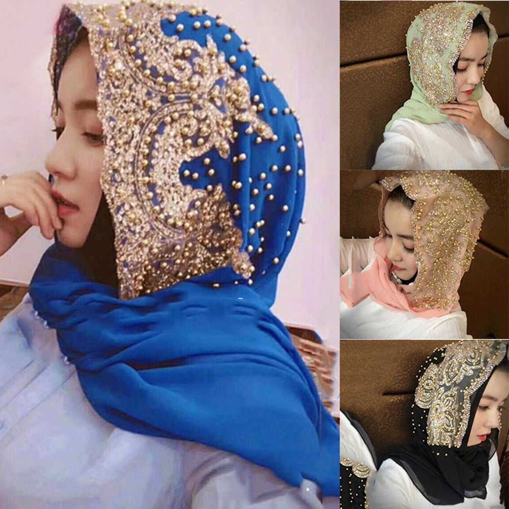 Muslim Beaded Gold Lace Wedding Scarf Hijab Women Girl Shayla Shawls Islamic Cap 