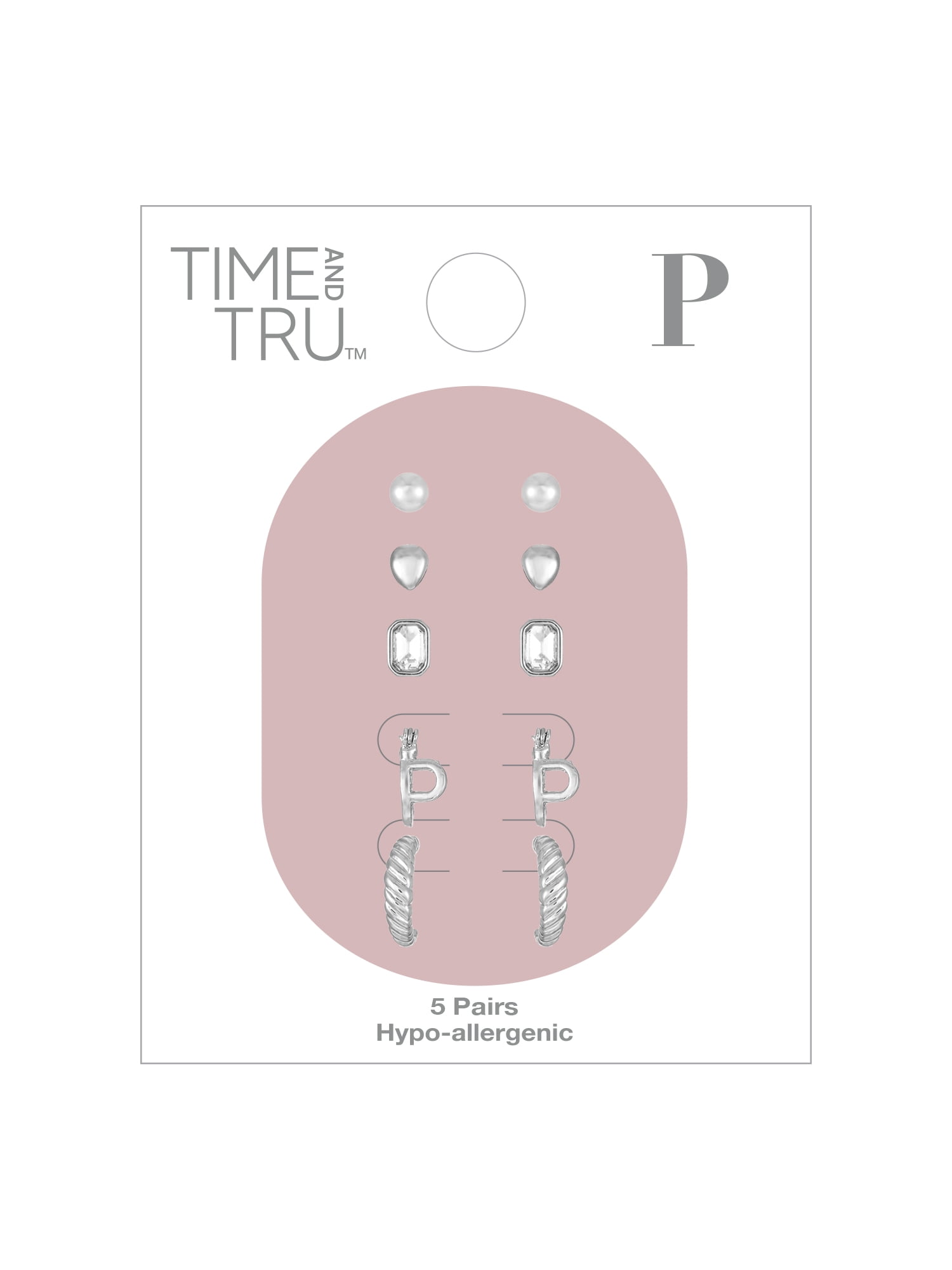 Time and Tru Silvertone Multi Earring Set, 5 Pairs, Initial P