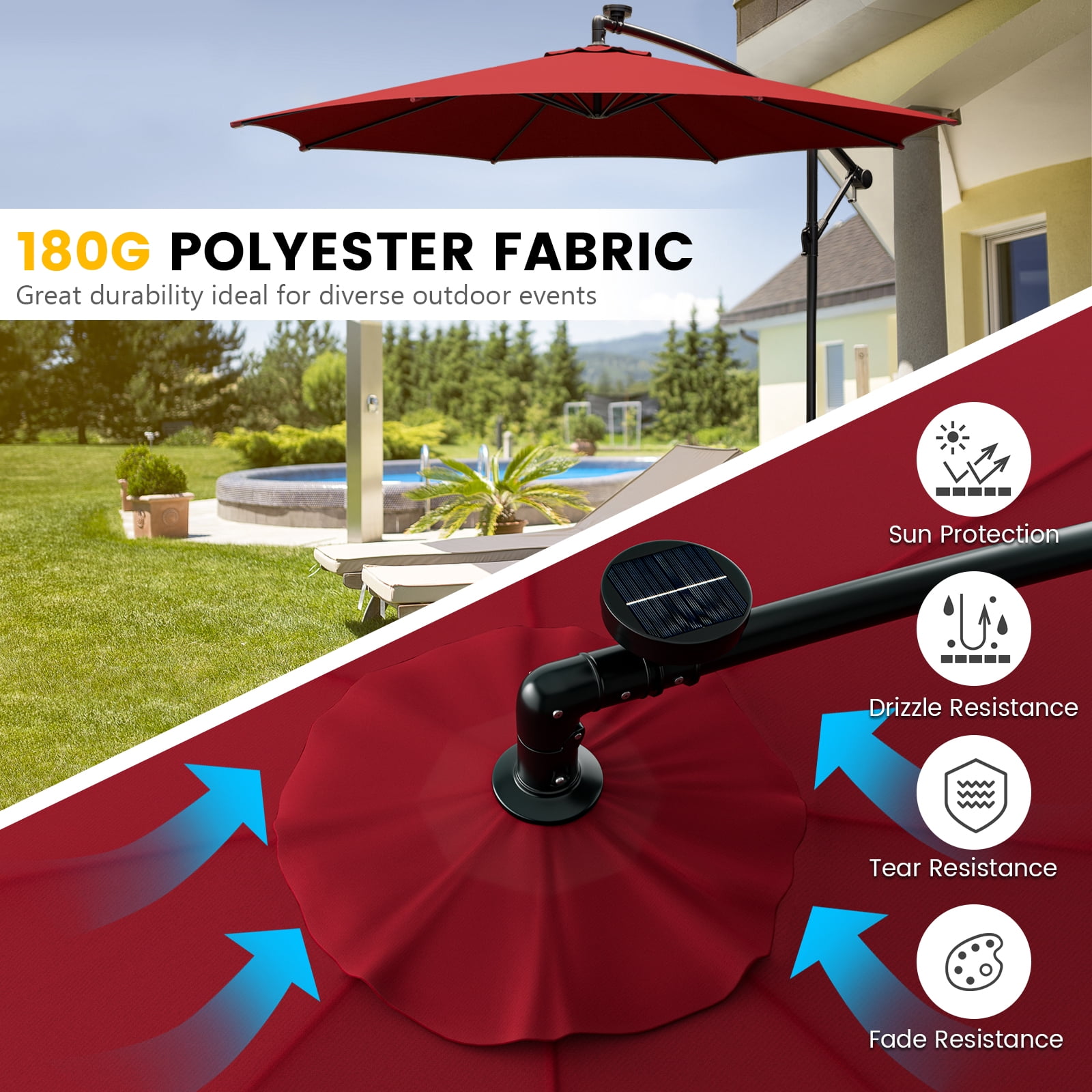 Patiojoy 10FT Solar Offset Umbrella Tilted Cantilever Umbrella with 112 LED Lights Lighted Patio Sun Shade with Crank Handle Red