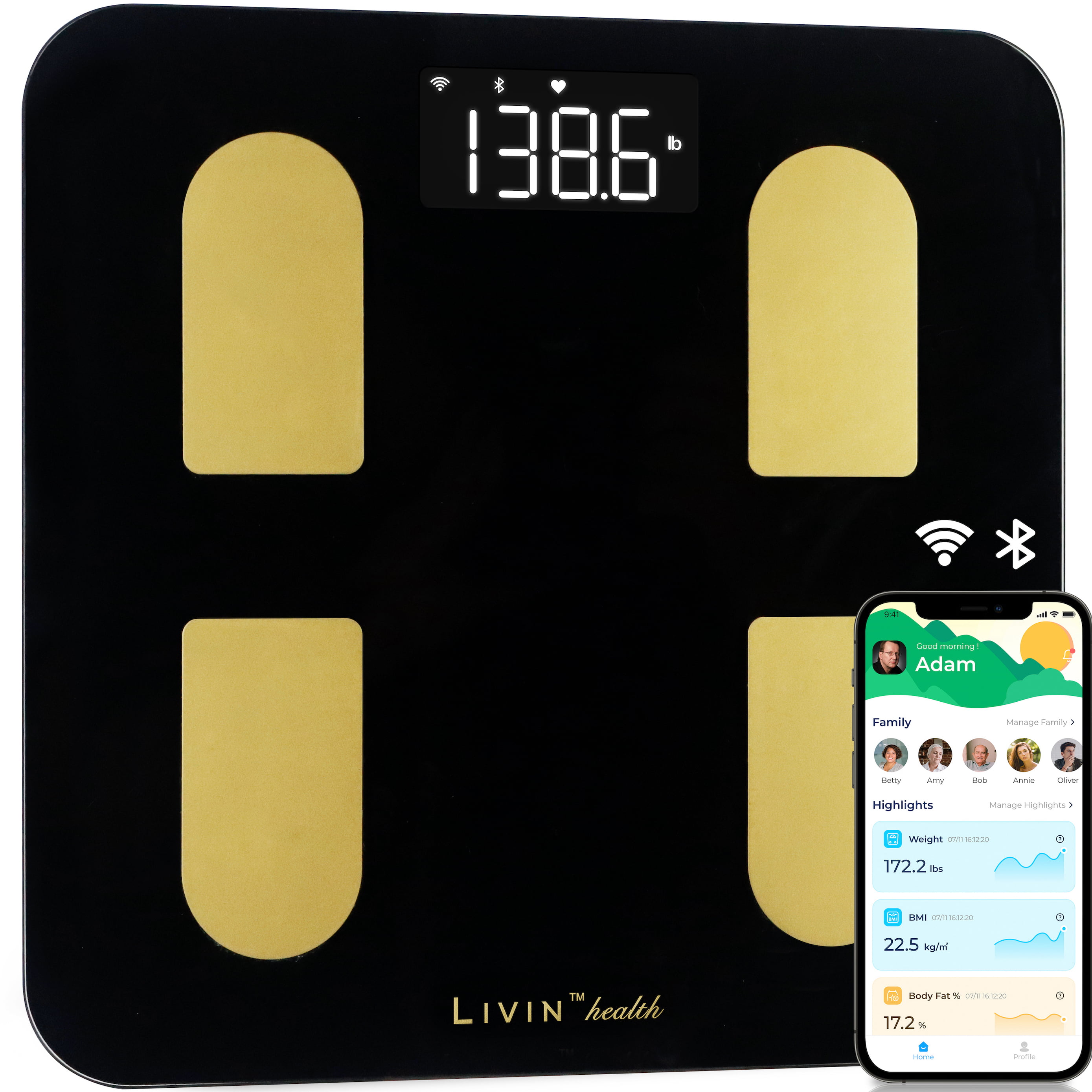 Advanced Bluetooth BMI Body Fat Fitness Digital Bathroom Scale Black Metallic 