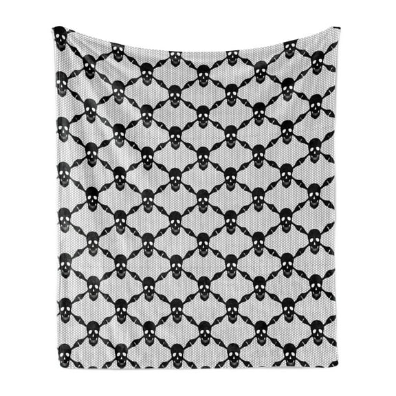 Gothic Soft Flannel Fleece Throw Blanket, Halloween Horror Theme Spooky Skeleton Bones Dark Skulls Checkered Pattern, Cozy Plush for Indoor and Outdoor Use, 60" x 80", White Black, by Ambesonne