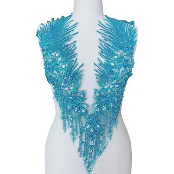 Handmade Rhinestone Applique, 3D Lace Applique Beaded Embroidered Trim, Rhinestone Fabric Patches for DIY Neckline Bodice Wedding Bridal Prom Clothes Dresses, 22.5x11.8inch (Royal Blue)