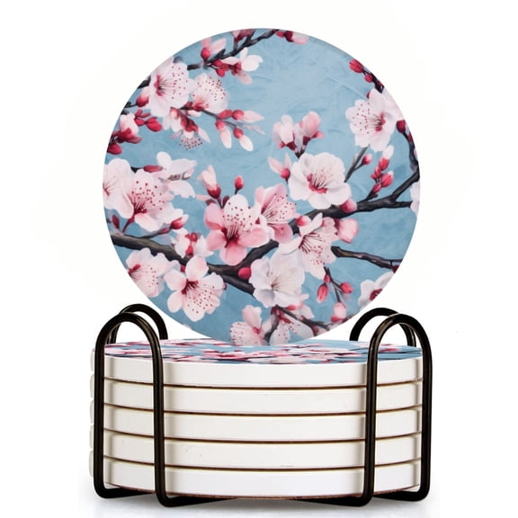 Pink Cherry Blossoms On Blue Background Set of 6 Ceramic Coasters with Holder, Absorbent Drink Bar Coasters, Table Coasters for Living Room Decor Tabletop Protection
