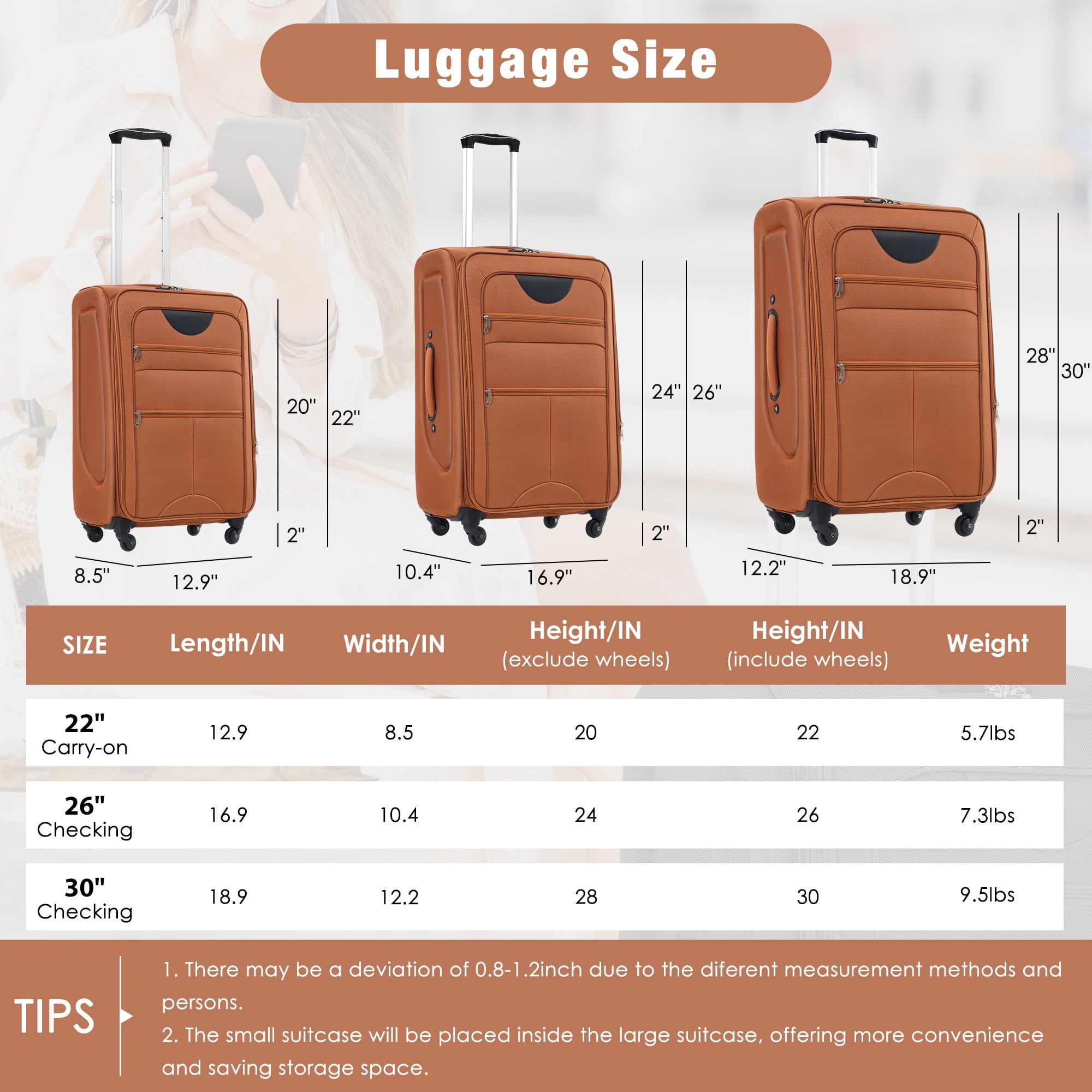 MAYEERTY 5-Piece Expandable Softside Luggage Set -22"+26"+30" Oxford Fabric with TSA Lock & Spinner Wheels+Duffel+Toiletry Bag, Orange
