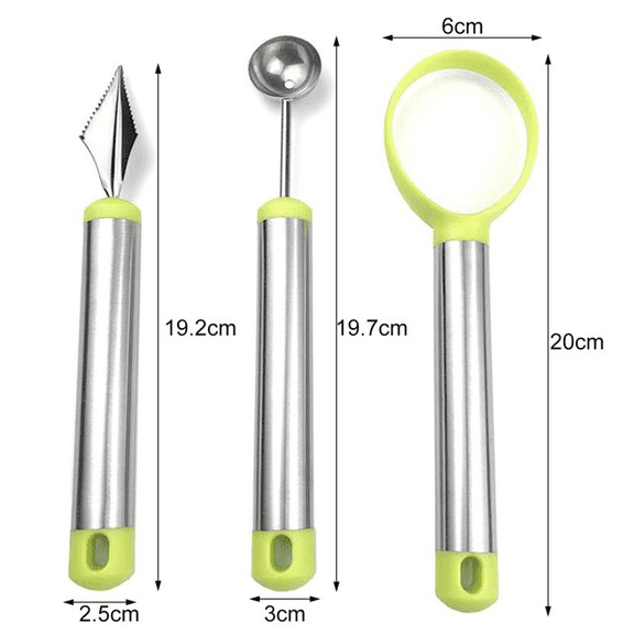 3-Piece Fruit Carving Tool Set, Stainless Blades with Green Silicone Handles, Melon Baller & Decorative Slicer for Garnish, man-Friendly Kitchen Craft Kit, Watermelon Cutting Set*1