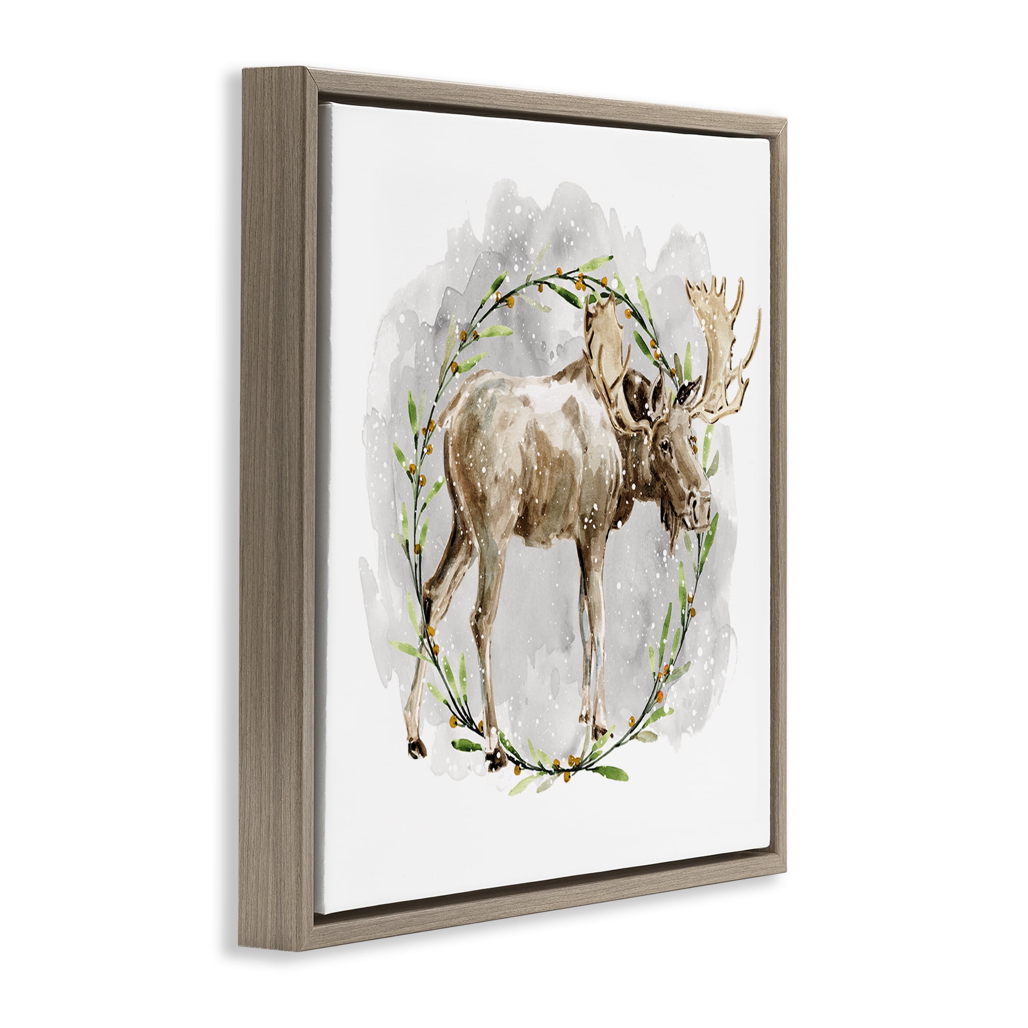 Stupell Industries Rustic Moose with Wreath Animals & Insects Painting Brown Floater Framed Canvas Art Prints Wall Art, 25 x 25