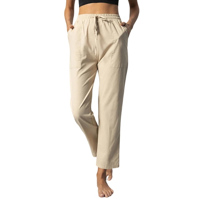 Fashnice Ladies Pants Drawstring Bottoms High Waist Palazzo Pant Solid Color Summer Trousers Khaki S