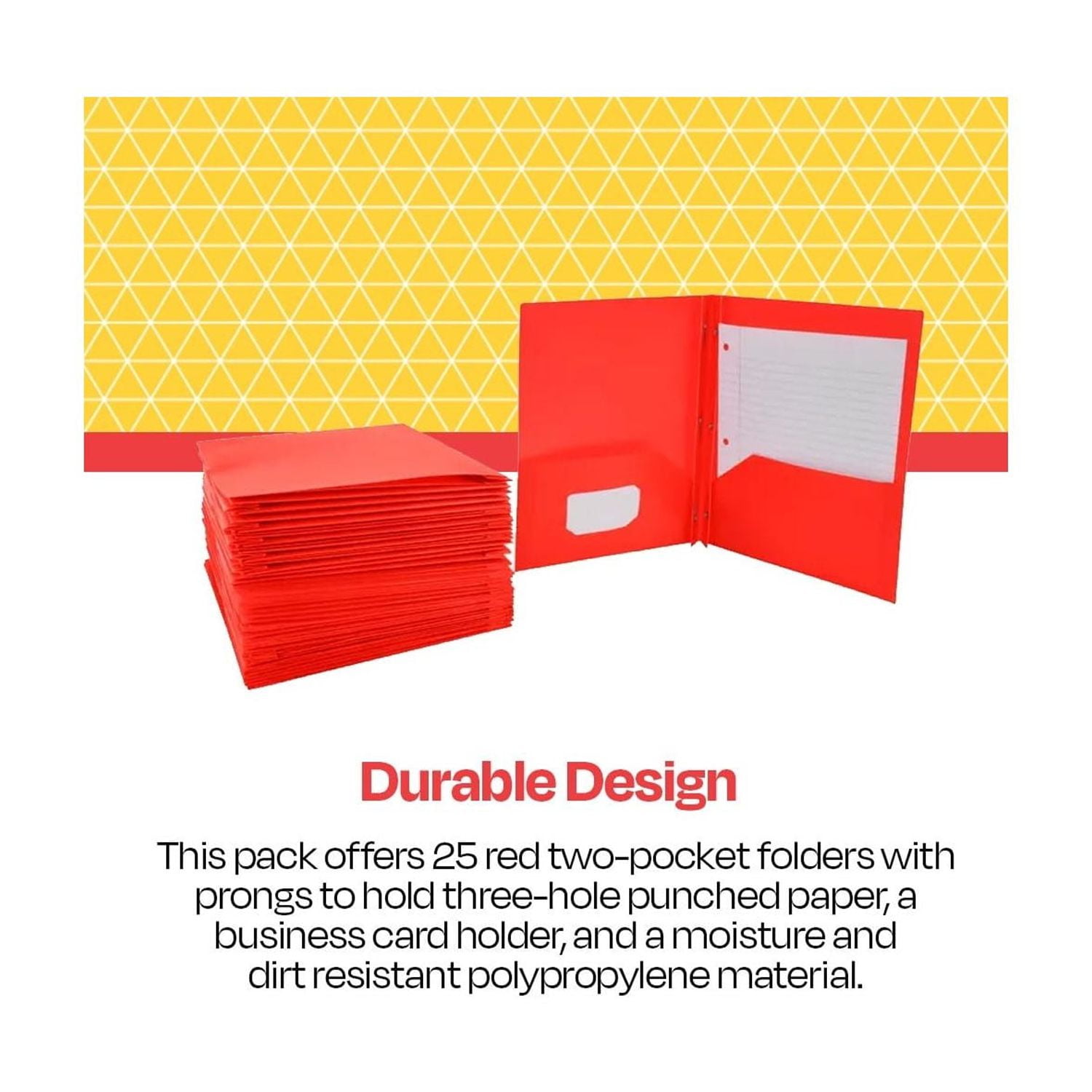School Smart 2-Pocket Poly Folders with Fasteners, Red, pack of 25