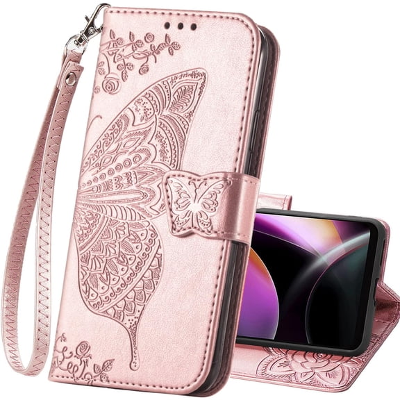 Wallet Case for Moto G 5G 2022,PU Leather Flip Protective Phone Case Wrist Strap Card Slots Holder Pocket Emboss Butterfly Flower Stand Case for Motorola Moto G 5G 2022 Light Purple