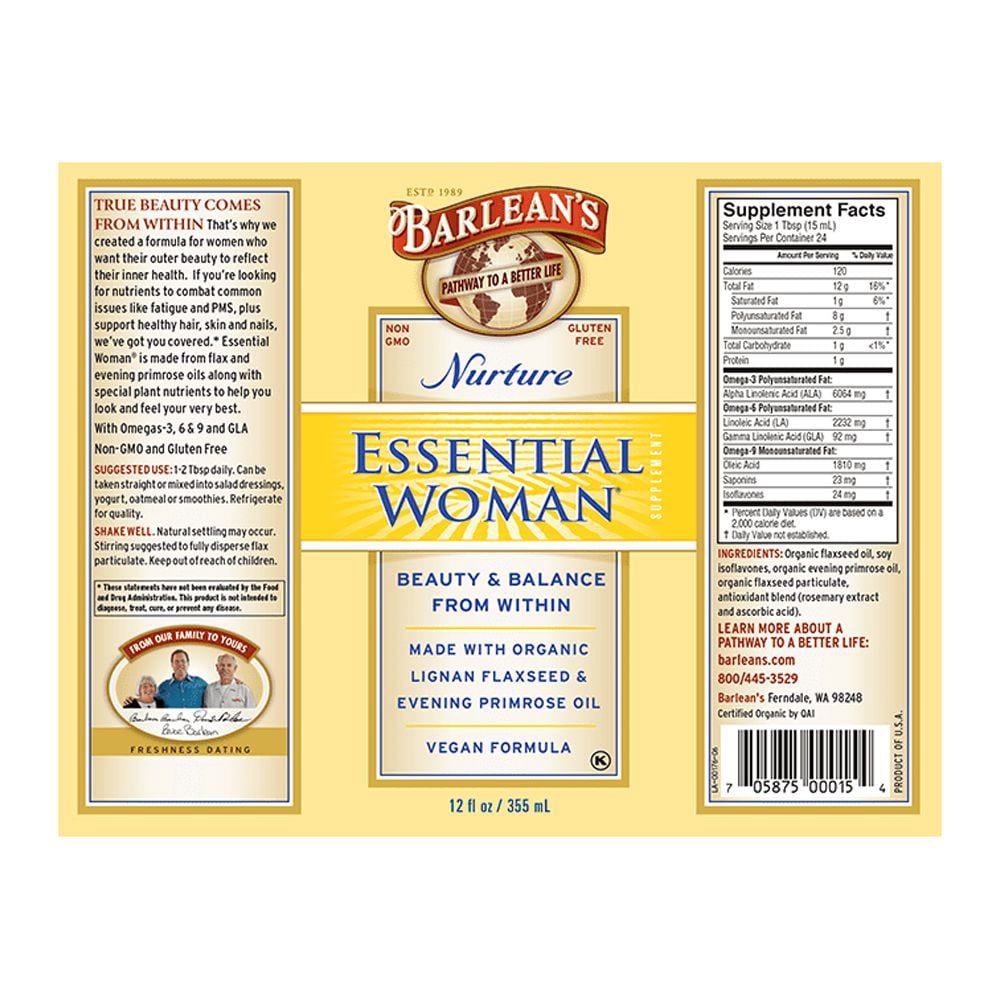 Barlean's Essential Woman Oil Blend Flaxseed and Evening Primrose Oil, Omegas-3, 6 and 9 and GLA - Vegan, All-Natural Flavor, Non-GMO, Gluten-Free - 12 oz