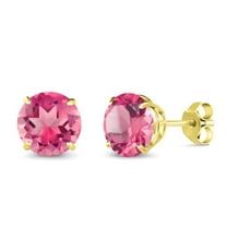 Gem Stone King 10K Yellow Gold Pink Mystic Topaz Stud Earrings for Women Men (3.30 Cttw, Gemstone Birthstone, Round 7MM)