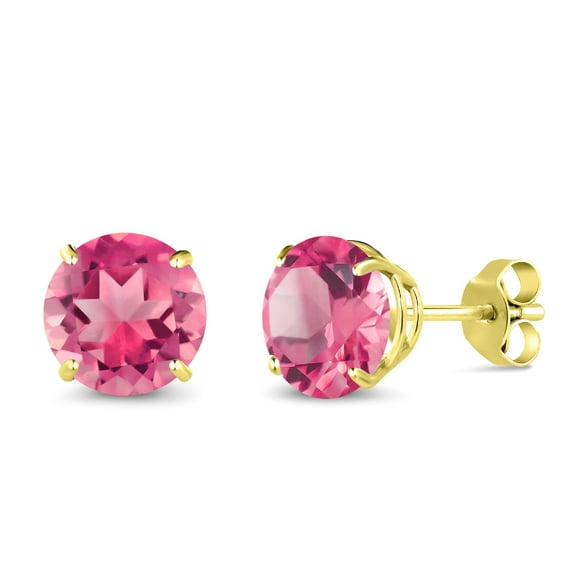 Gem Stone King 10K Yellow Gold Pink Mystic Topaz Stud Earrings for Women Men (3.30 Cttw, Gemstone Birthstone, Round 7MM)
