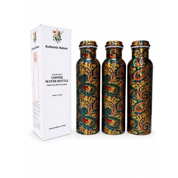 Authentic Nature Ayurvedic Copper Water Bottle, Pure Copper, 1 Litre/34 Oz, Multicolor Designer, With Health Benefits, Handcrafted in India (Pack of 3 Bottles)