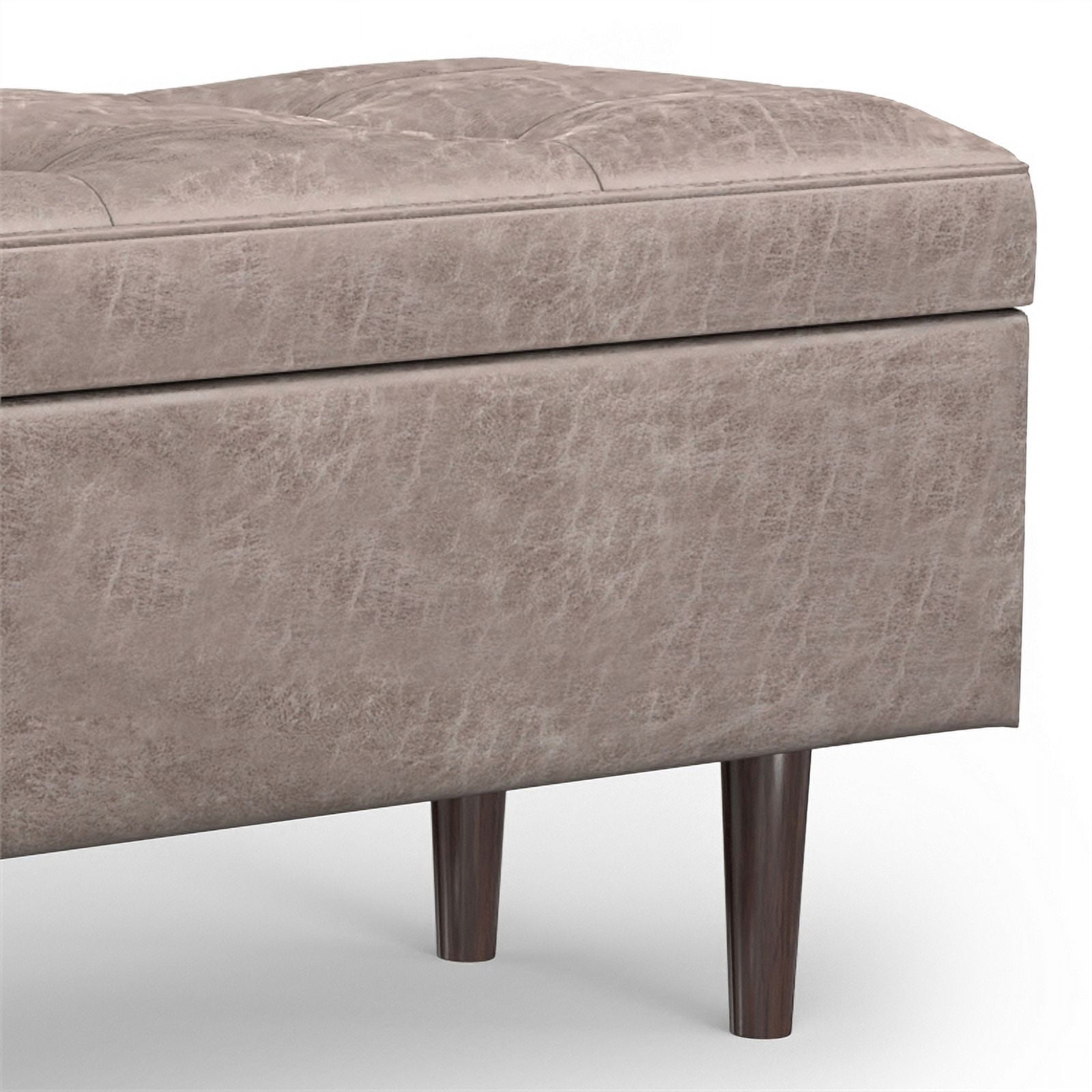 Simpli Home Shay 48" Wide Modern Rectangle Storage Ottoman in Gray Taupe Vegan Faux Leather