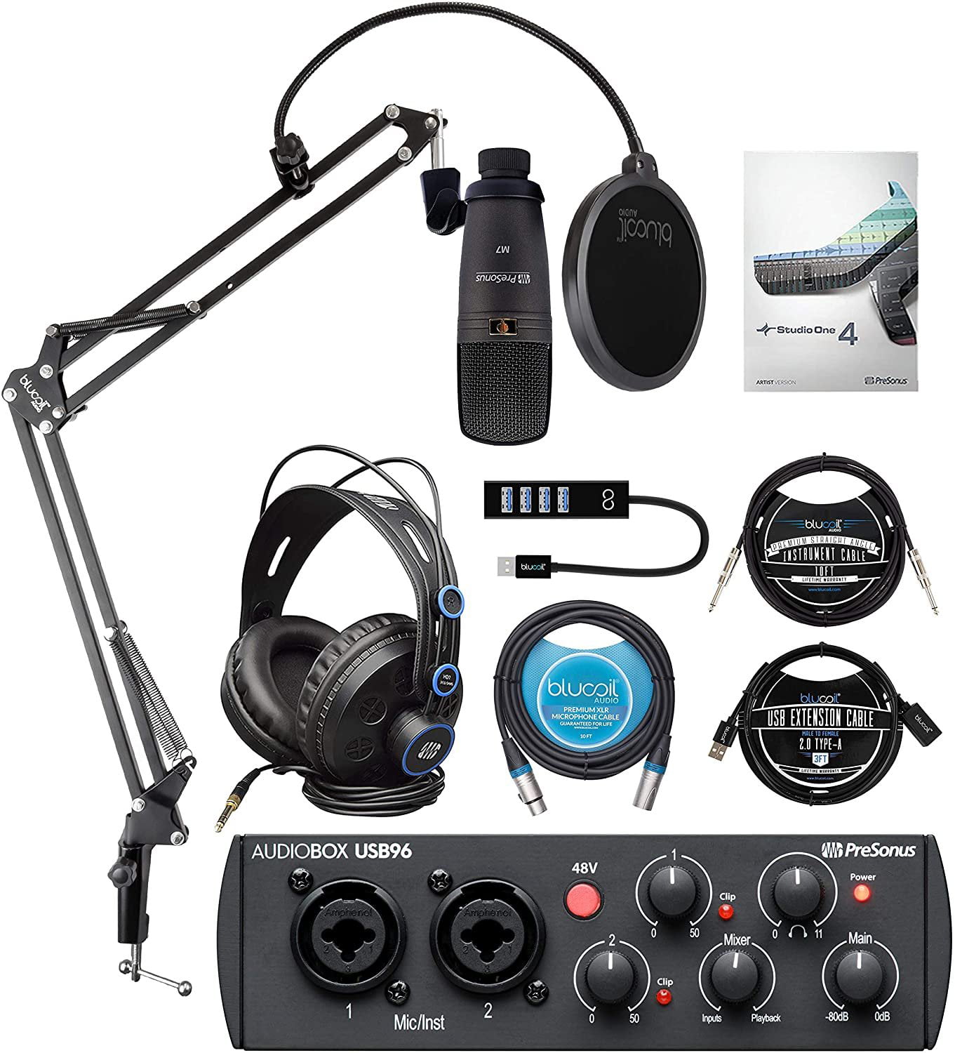 PreSonus AudioBox USB 96 Audio Interface 25th Anniversary Edition for Mac and Windows Bundle with Audio-Technica AT2020 Condenser Microphone Blucoil Boom Arm Plus Pop Filter and 10 XLR Cable 