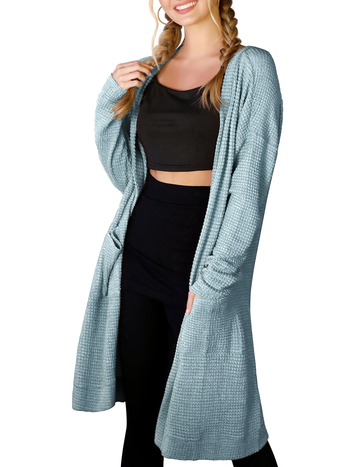 waffle knit open front cardi w/ pockets and hood