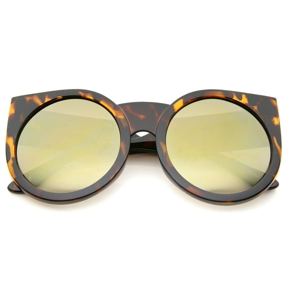 sunglassLA Unisex Womens Thick Frame Color Mirror Lens Round Cat Eye Sunglasses (Tortoise / Gold Mirror) - 55mm